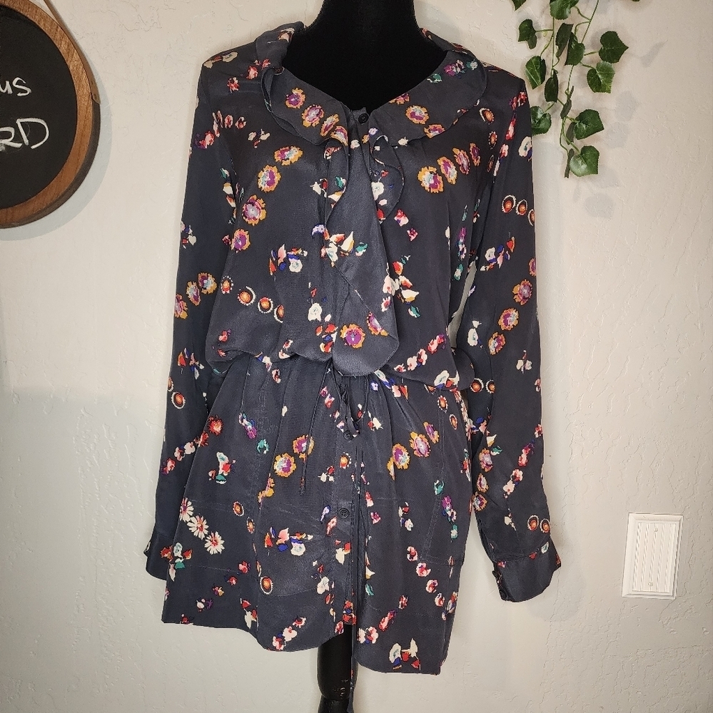 Rebecca Taylor Silk Gray Floral Shirt Dress Size 4